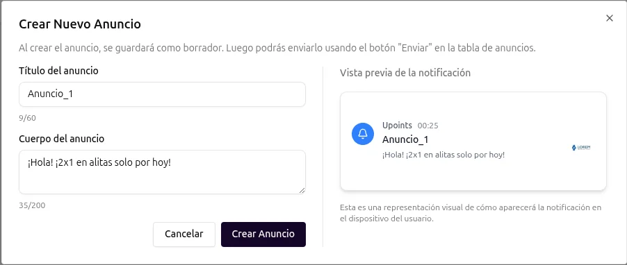 Avisos personalizados en UPoints Manager