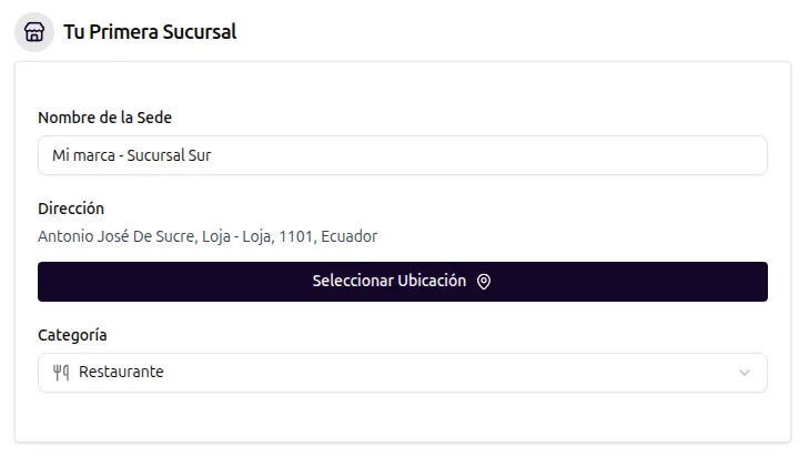 Pantalla de creación de establecimiento en UPoints Manager